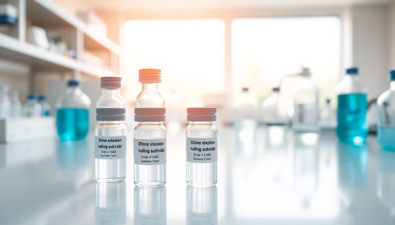 Utilizing dimethylsulfoxide in a professional laboratory setting with clear glass vials and organized equipment.