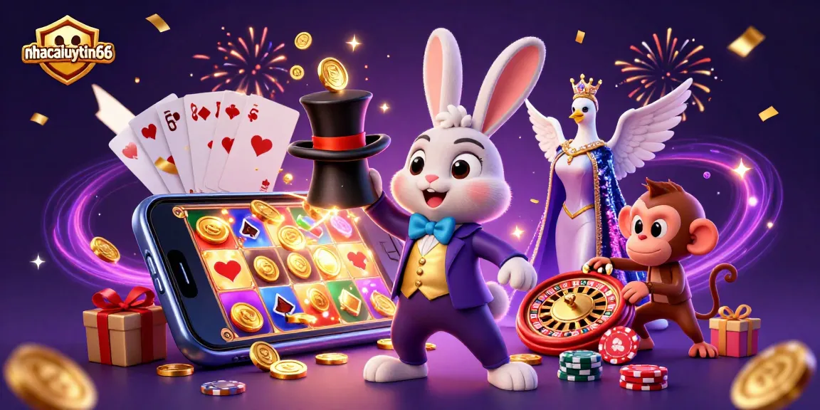 Experience thrilling magic at nhacaiuytin66 with a magician rabbit and dazzling casino elements.