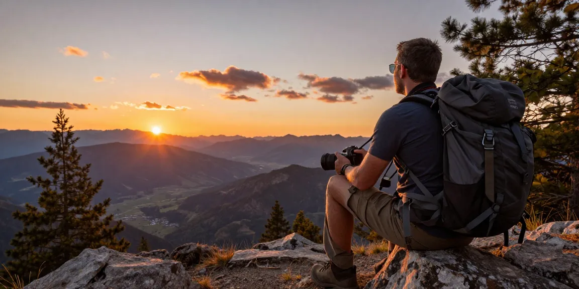 Adventure enthusiast enjoying stunning views at a mountain peak with mantra88 hiking gear during sunset.