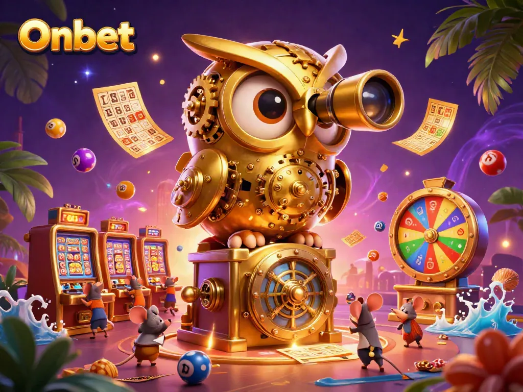 Experience Onbet's vibrant casino atmosphere with a whimsical clockwork owl overseeing thrilling gaming action.
