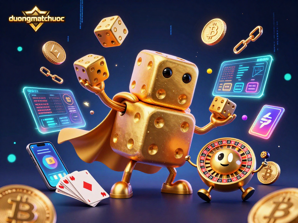 Engage in duongmatchuoc, where a vibrant dice golem and crypto coins create an electric atmosphere.