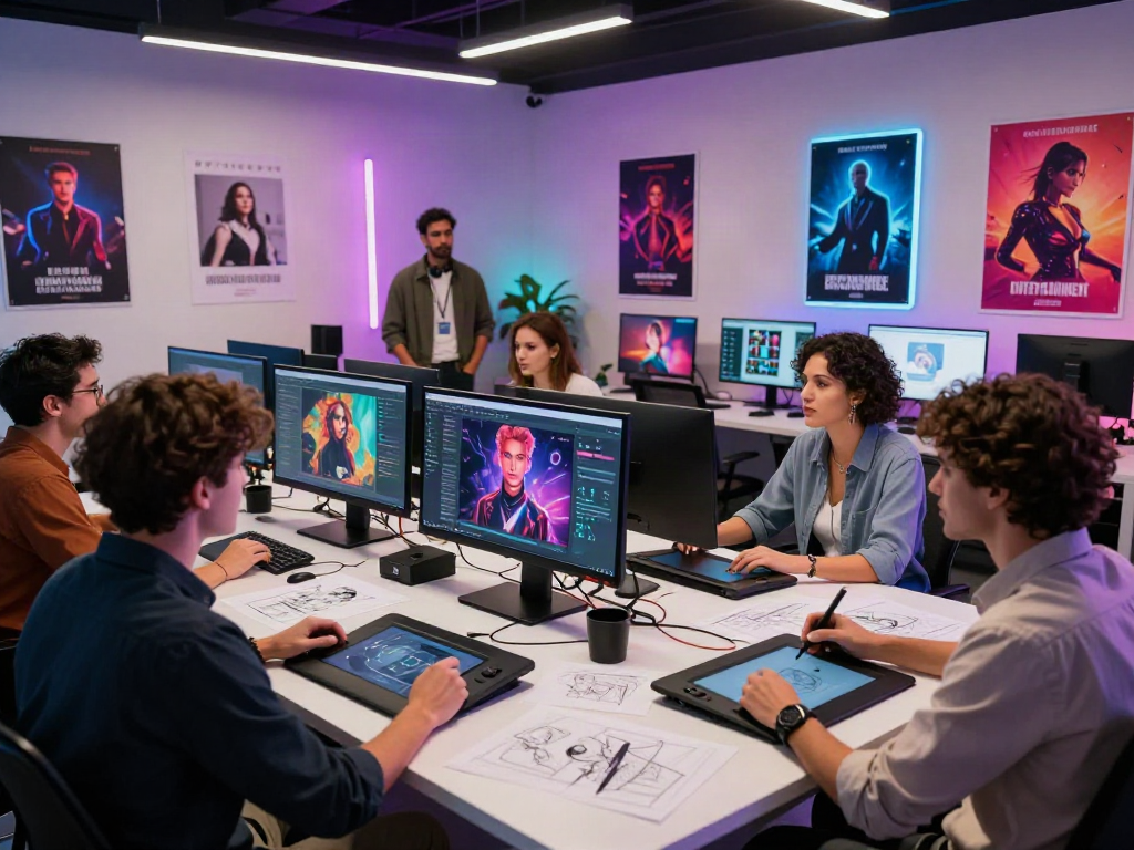 Creative team in an AI porn studio brainstorming innovative adult content concepts.