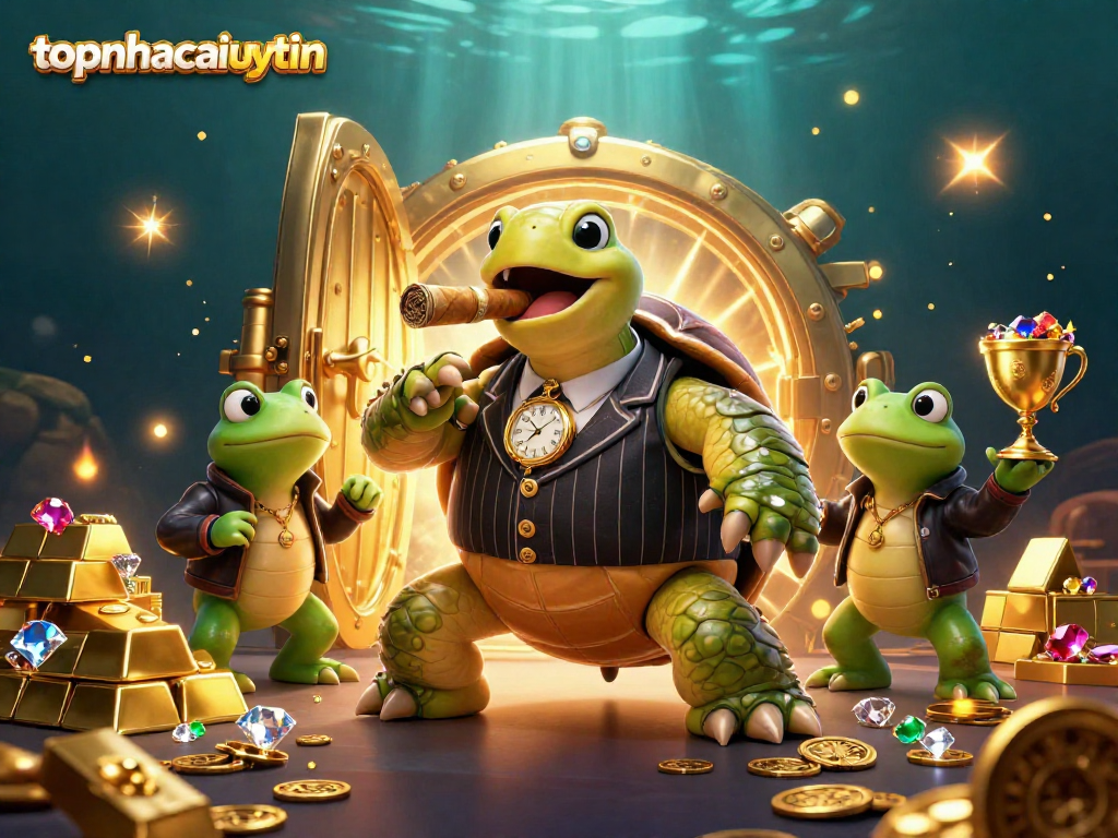 Engage in thrilling gameplay at topnhacaiuytinn, where a snapping turtle and bullfrogs navigate a casino adventure.
