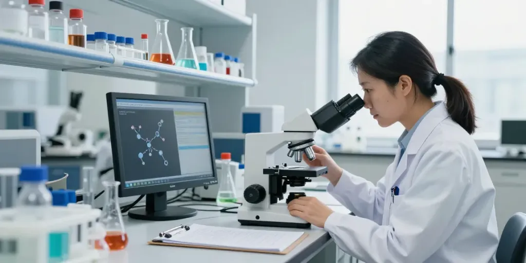 Researcher studying GHK-Cu peptides under a microscope in a modern lab.
