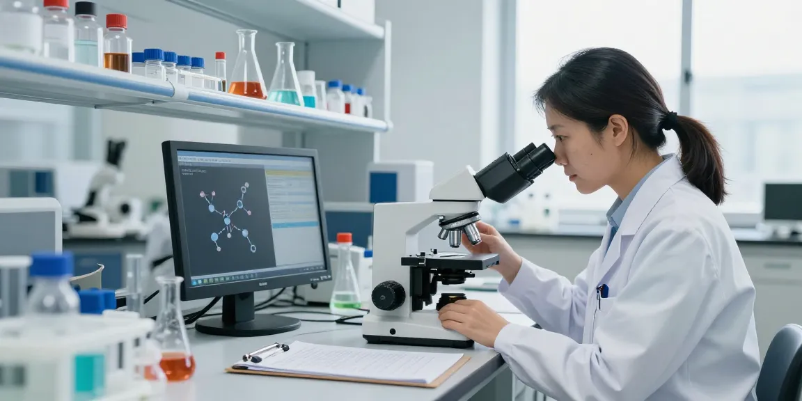Researcher studying GHK-Cu peptides under a microscope in a modern lab.