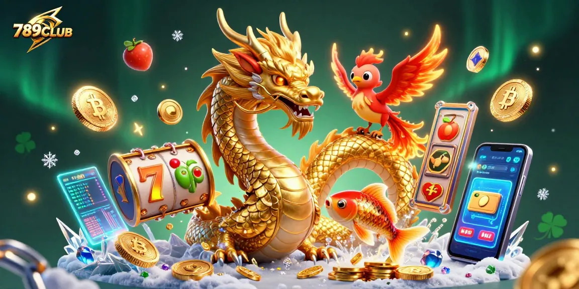 Win big at 789CLUB with a vibrant illustration showcasing lucky symbols and dynamic gaming elements.