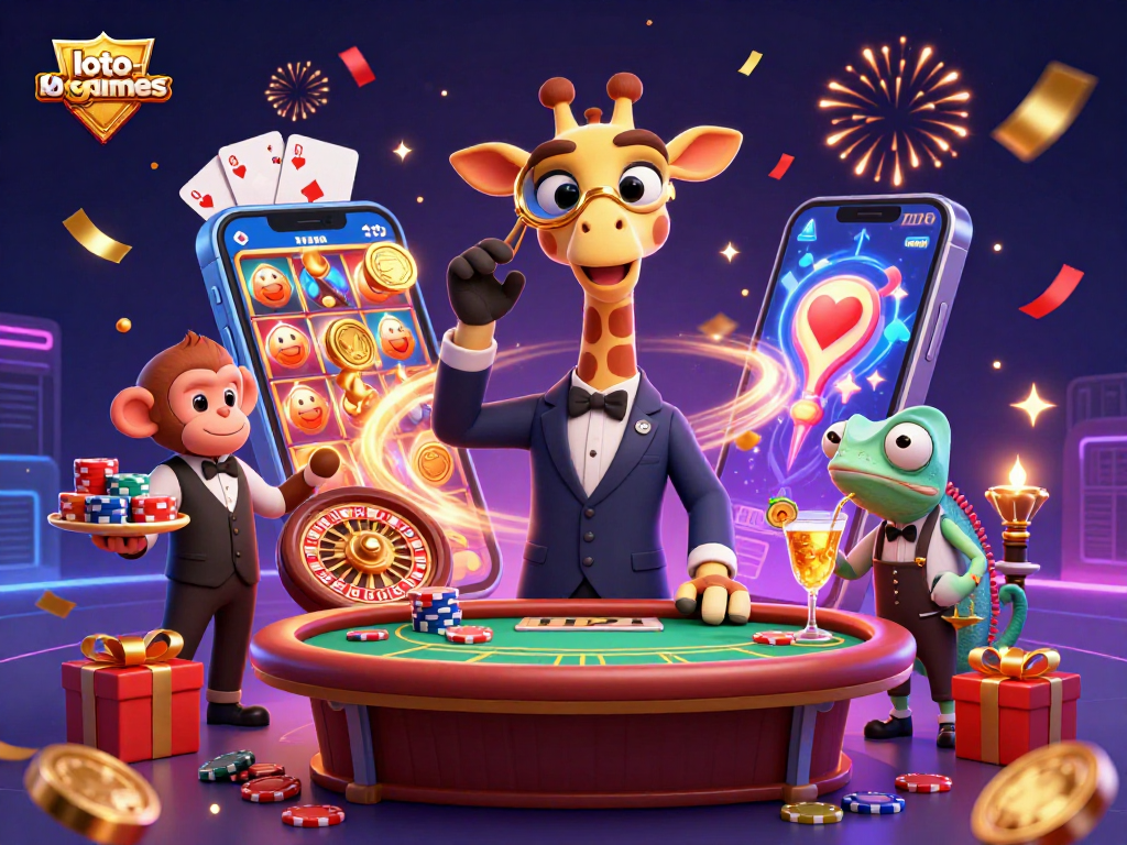 Engage with loto-games in a vibrant casino scene featuring a high-roller giraffe and lively casino elements.