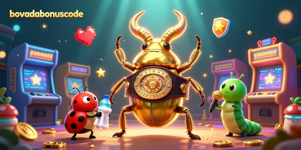Bovadabonuscode illuminates a vibrant casino scene with playful characters and dynamic gaming elements.
