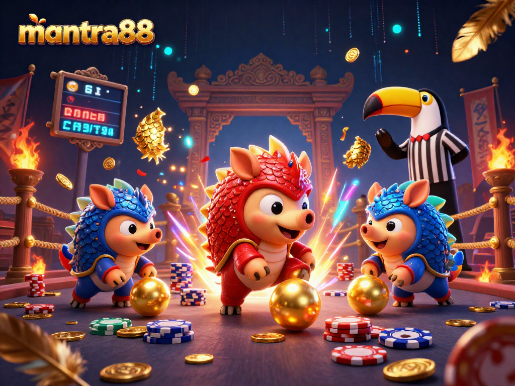 Experience the excitement at mantra88 with a vibrant 3D scene of rival pangolins amidst rolling golden balls and poker chips.