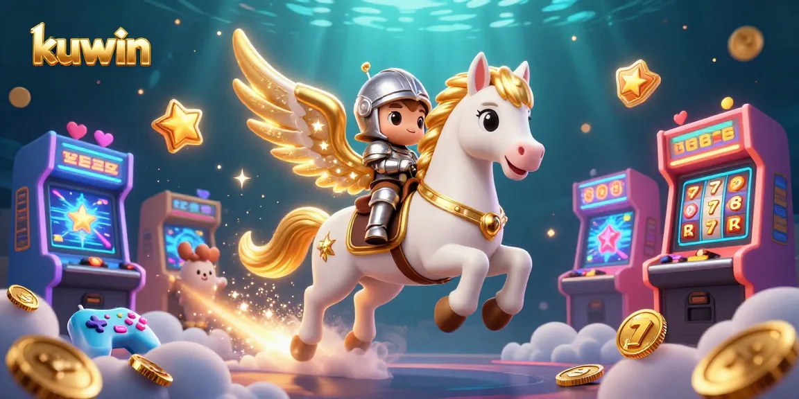 Kuwin brings excitement with a knight on a celestial horse amidst vibrant gaming elements.