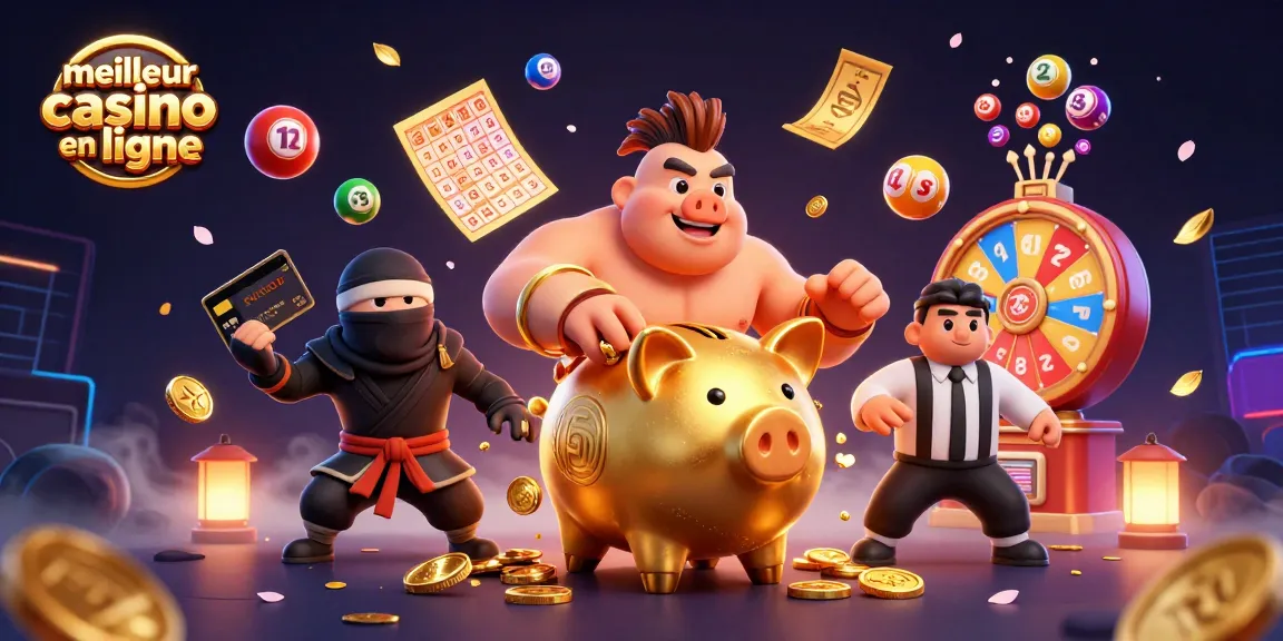 Illustration dynamique du meilleur casino en ligne avec un sumo en tirelire et des éléments de loterie flottants.