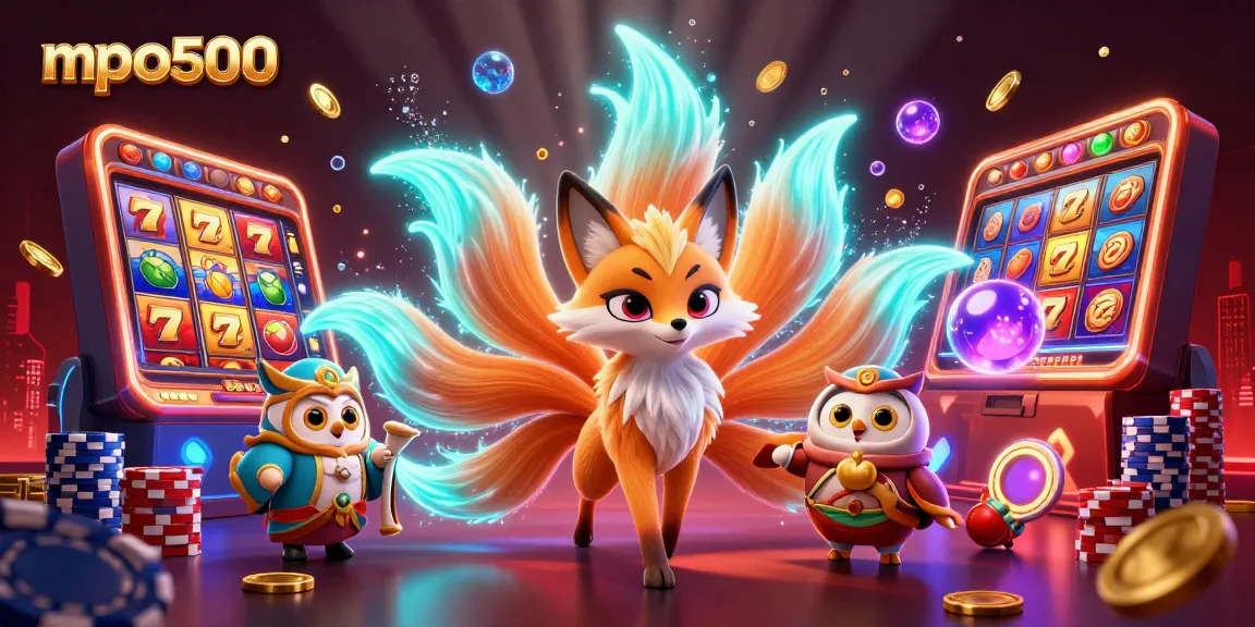 MPO500 slots reveal vibrant gameplay with a nine-tailed fox spirit amidst colorful jackpots and poker chips.