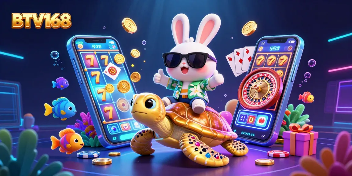 BTV168 offers thrilling gameplay with colorful slot reels and lively characters in a dynamic casino scene.