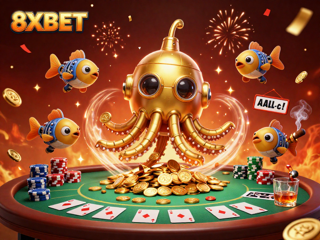 Experience the thrill of 8XBET with a captivating kraken submarine amidst a festive casino scene.
