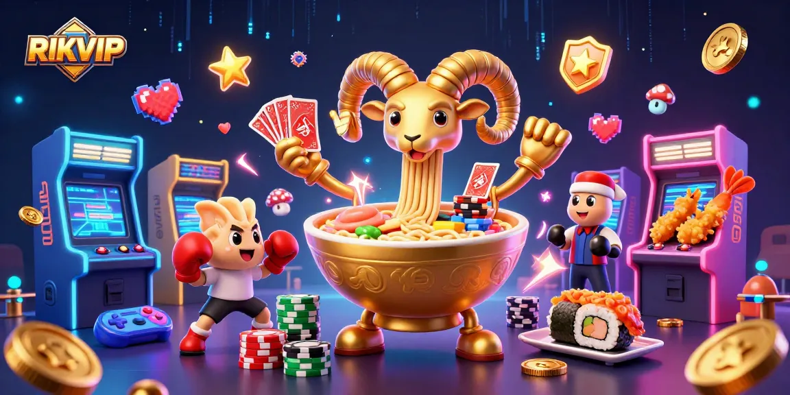 Engage in thrilling gambling fun with RIKVIP, featuring vibrant casino-themed characters and elements.