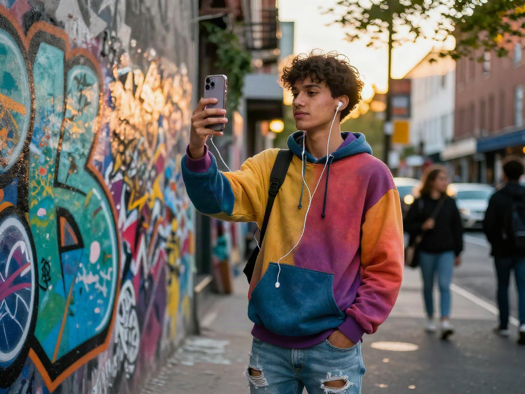 Young adult evaluating their looks with a test of attractiveness app in an urban setting, vibrant graffiti background.
