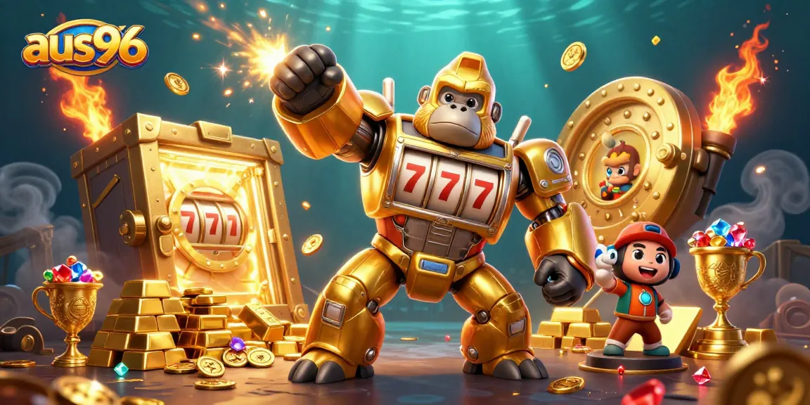 Engage in thrilling action at aus96 with a golden gorilla mech amid slot machine treasures.