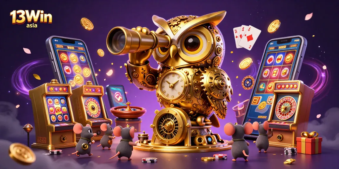 Engage in thrilling gaming adventures with 13Win asia, illustrated by a whimsical casino scene featuring a golden owl and animated game elements.