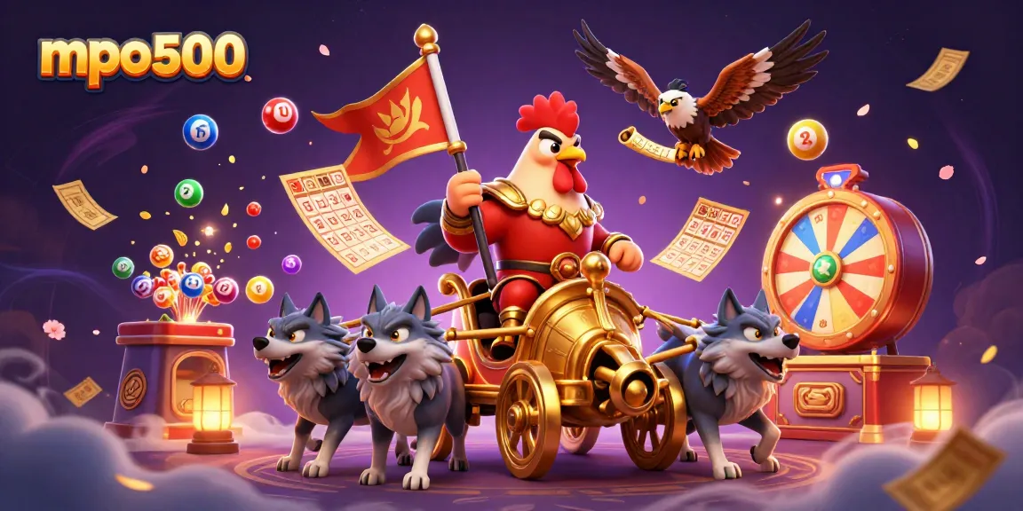 Experience mpo500's thrilling gaming with a colorful scene of dynamic lottery elements and characters.