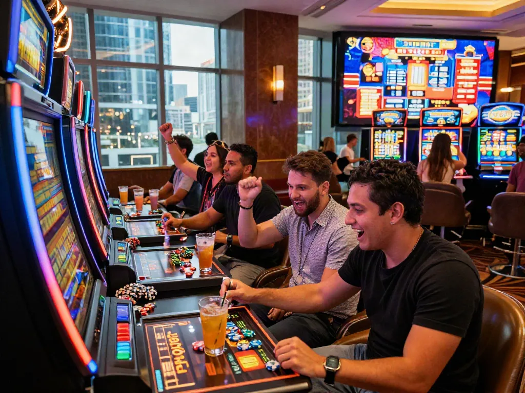 Group of friends enjoying slot gacor games at a lively casino with vibrant atmosphere.