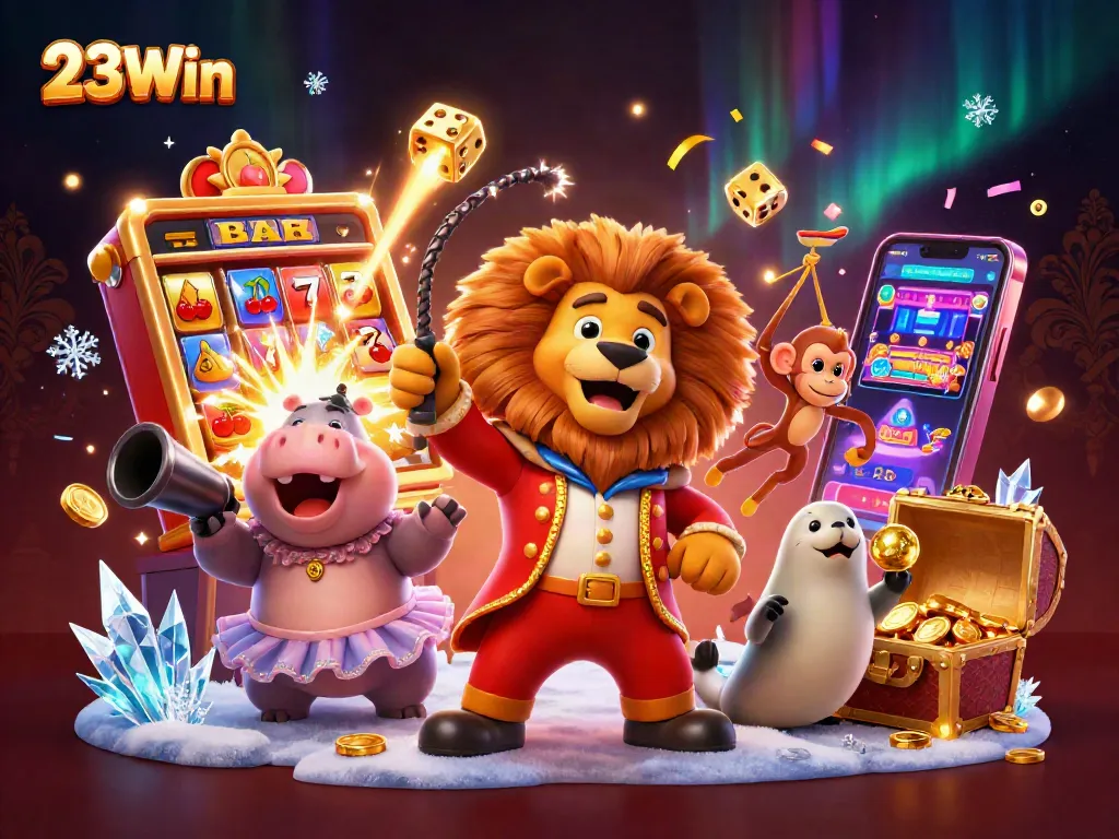 Experience thrilling wins with 23Win's vibrant casino scene featuring 3D circus characters and dynamic jackpot elements.
