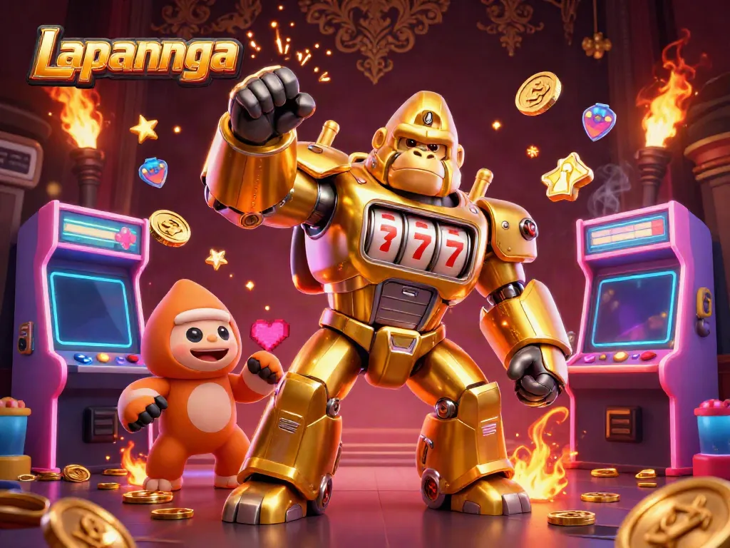 Engage in electrifying gameplay with Lapannaga's dynamic 3D transformer-style gorilla mech and vibrant casino elements.