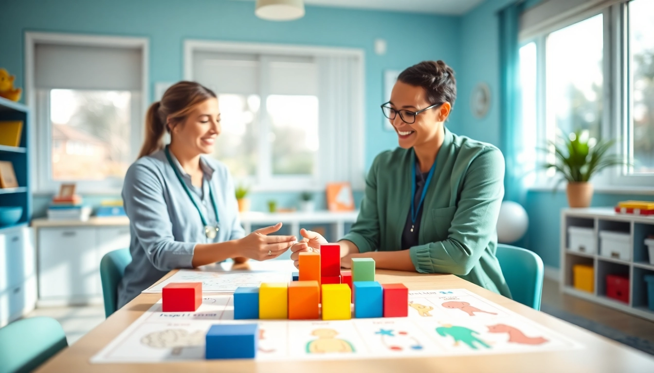 Engaged child receiving ABA therapy in Brighton with a supportive therapist in a bright, colorful room.