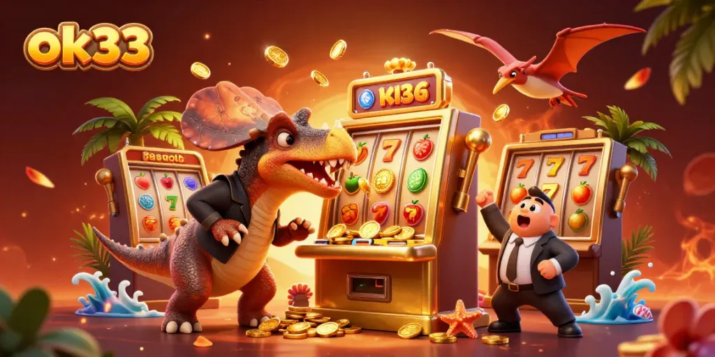 ok33 cartoon scene with dinosaurs at a slot machine, winning coins, vibrant casino atmosphere.