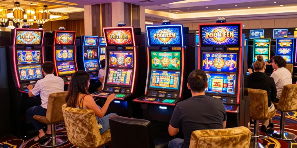 Exciting PG SLOT gaming scene in a lively casino with joyful players.