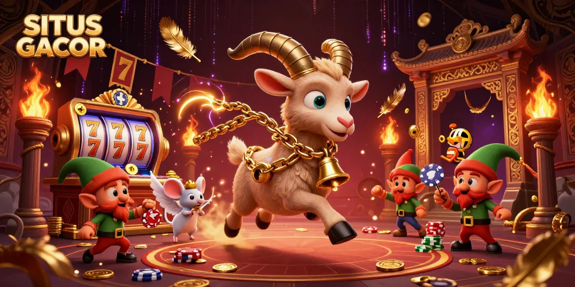 SITUS GACOR showcases engaging 3D animated characters in a festive casino atmosphere with vibrant slot machines.