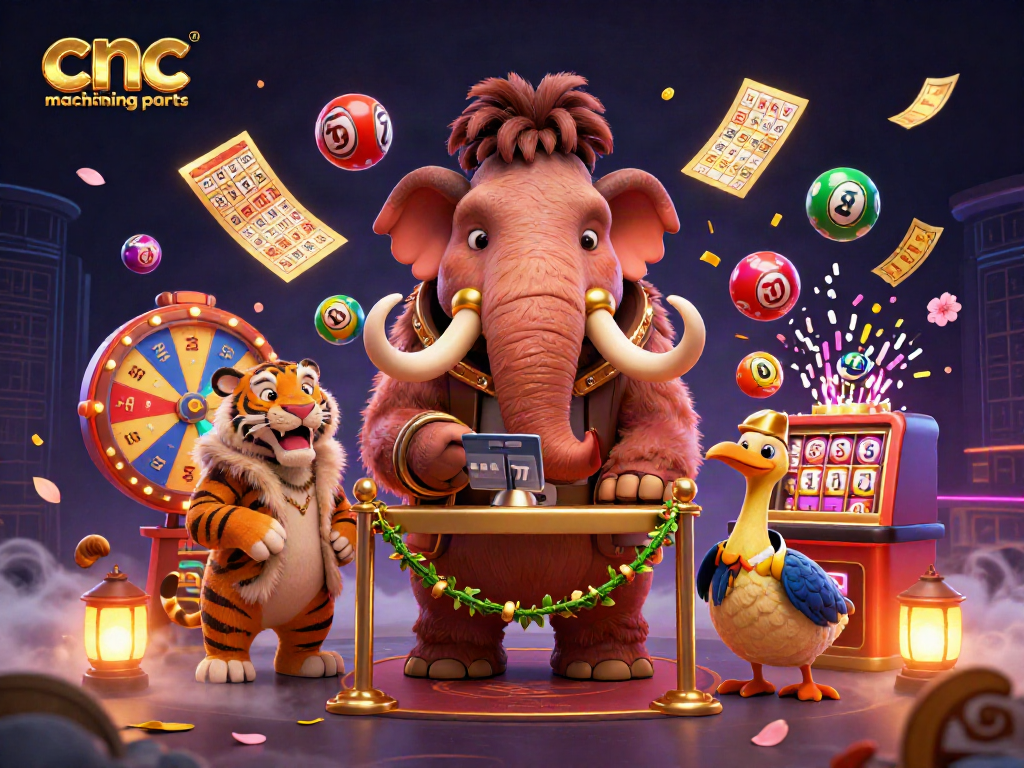 CNC machining parts illustrated with a vibrant casino scene featuring lottery elements and colorful characters.