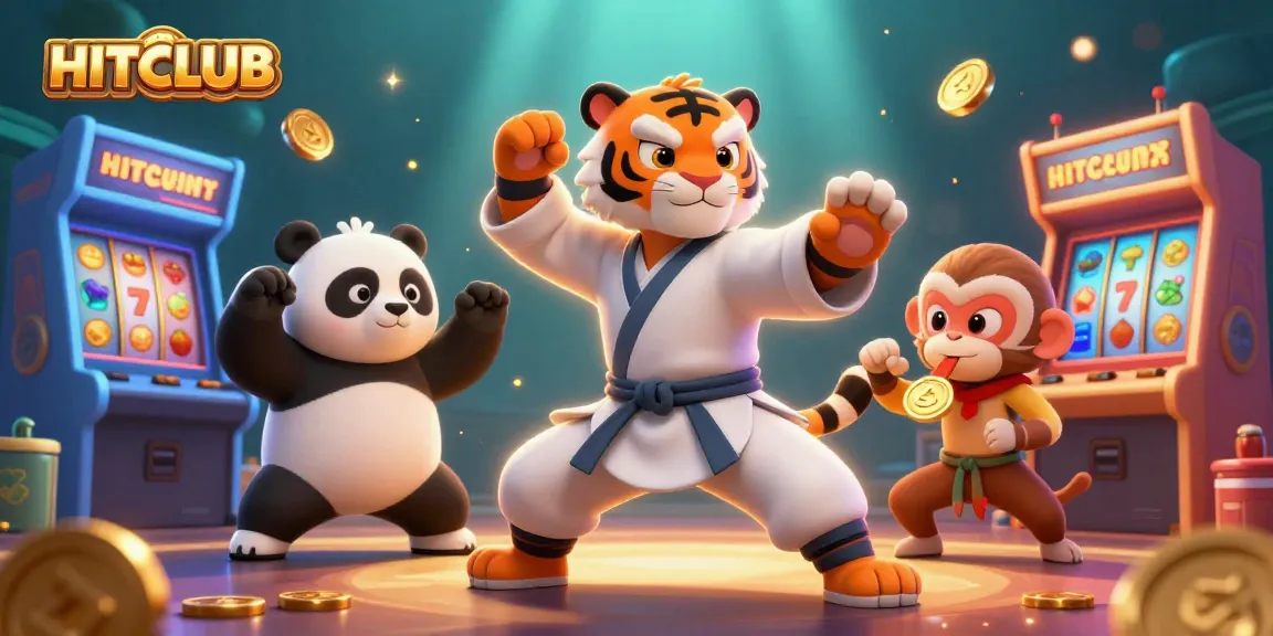 Experience the thrill of HITCLUB as dynamic characters engage with colorful game elements in an animated casino scene.