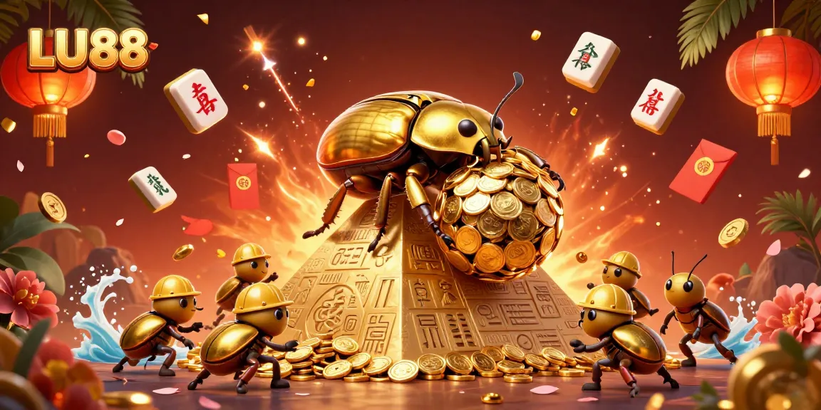 LU88 showcases a vibrant scene of luck with golden beetles and casino treasures.