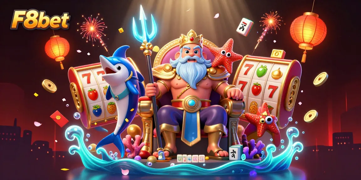 F8bet showcases a vibrant casino scene with Neptune, slot reels, and festive decorations.