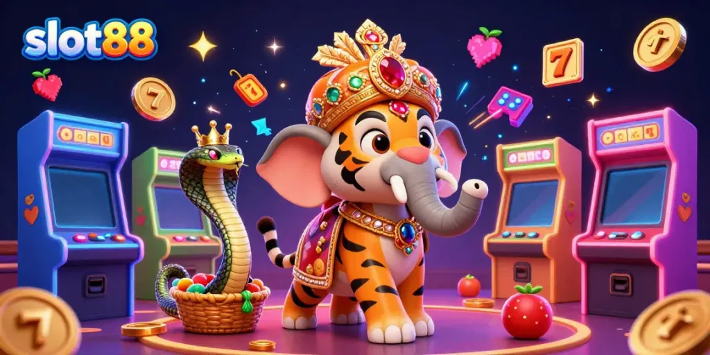Experience the excitement of slot88 with a vibrant 3D scene featuring an maharaja tiger and gambling elements.