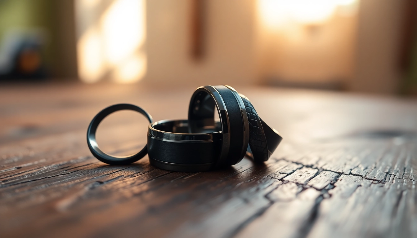 Admire the exquisite Black Wedding Rings for Men showcased against a rustic wooden backdrop.