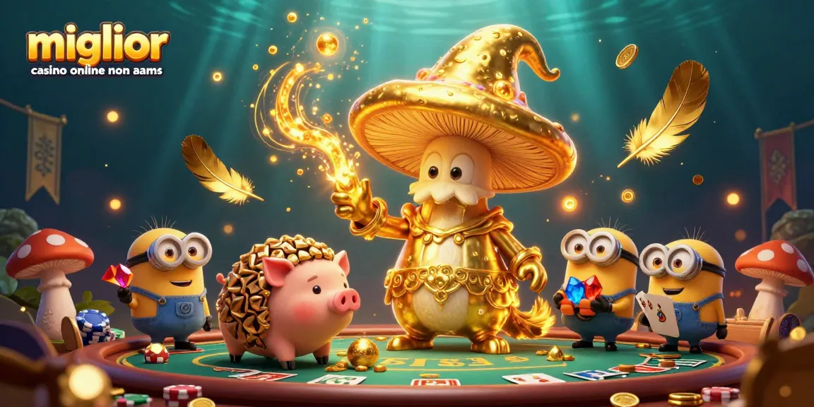Immagine vivace di un incontro magico nei migliori casinò online non AAMS con un mago dorato e tesori sparsi.