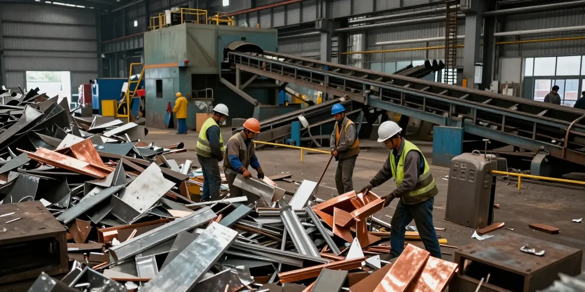 Proses daur ulang logam bekas di industri dengan pekerja di situs scrap metal dari https://www.scrapsolutionplace.com/