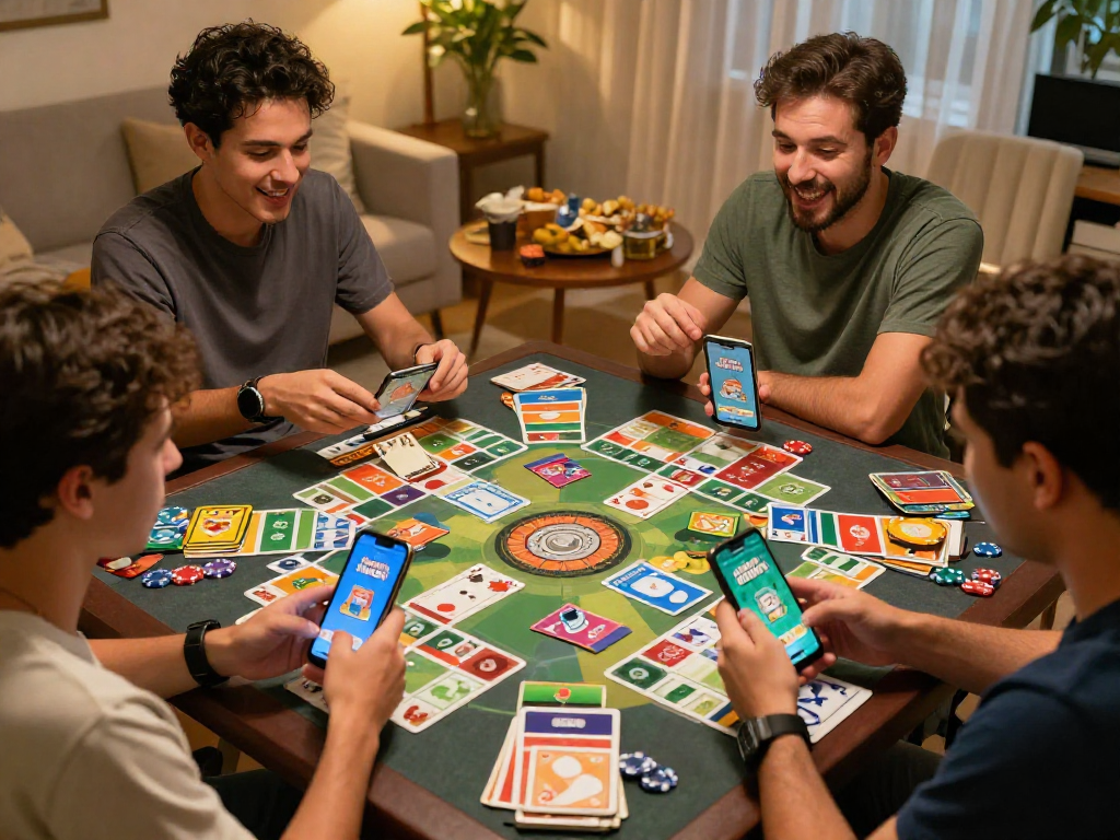 Engaged players enjoying Rumble Rummy with mobile app interface and colorful cards in a cozy setting.
