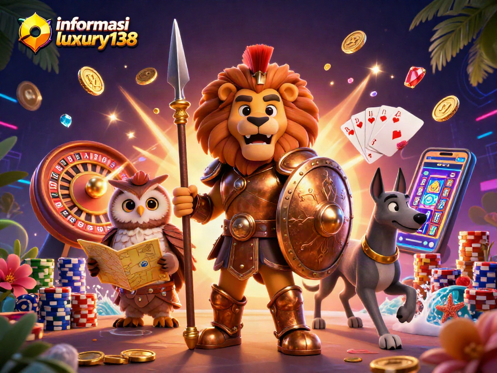 Menampilkan informasi rtp luxury138 dengan simbol jackpot, roda roulette, dan karakter ikonik kasino.