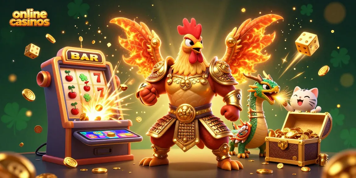 Engage in thrilling action at online casinos with this vibrant 3D illustration of characters amid exploding jackpots and gaming symbols.