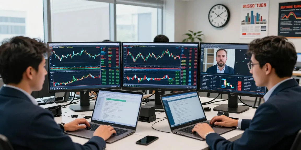 Data analysts reviewing NYSE historical Kline API data in a modern office environment, showcasing stock trends and trading strategies.