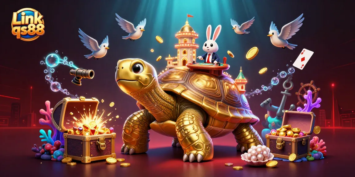 Experience the excitement of gambling with Link qs88 featuring a vibrant illustration of a casino turtle and playful elements.