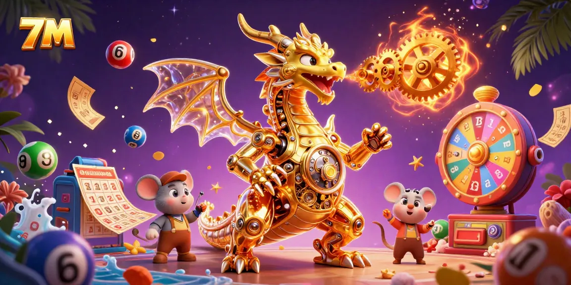 Engage with 7M's vibrant dynamic gaming scene featuring lottery balls and a golden dragon.