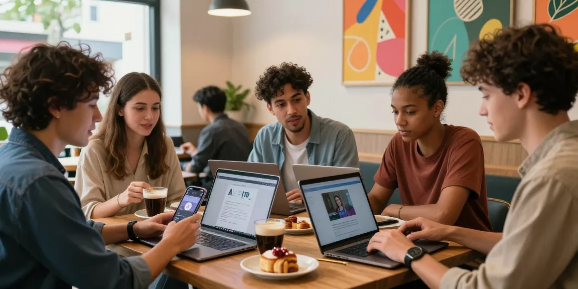 Youthful group discussing AI 18+ trends in a vibrant café setting.