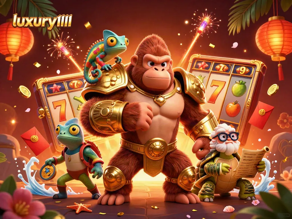 luxury111 showcases a powerful 3D gorilla king in a vibrant casino backdrop, winning big at slots.