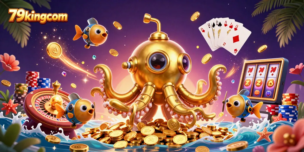 Exciting gameplay at 79kingcom with a golden kraken submarine amidst casino treasures and dynamic elements