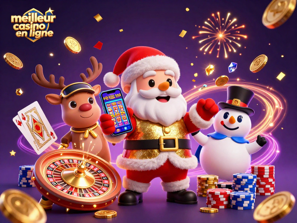 Vivez l'expérience du meilleur casino en ligne avec Santa jouant aux machines à sous entouré de joies festives et de gains.
