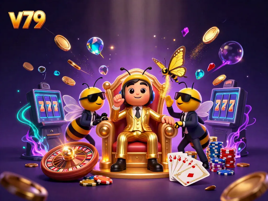 Experience the thrill of v79 with a vibrant casino scene featuring games and golden treasures.