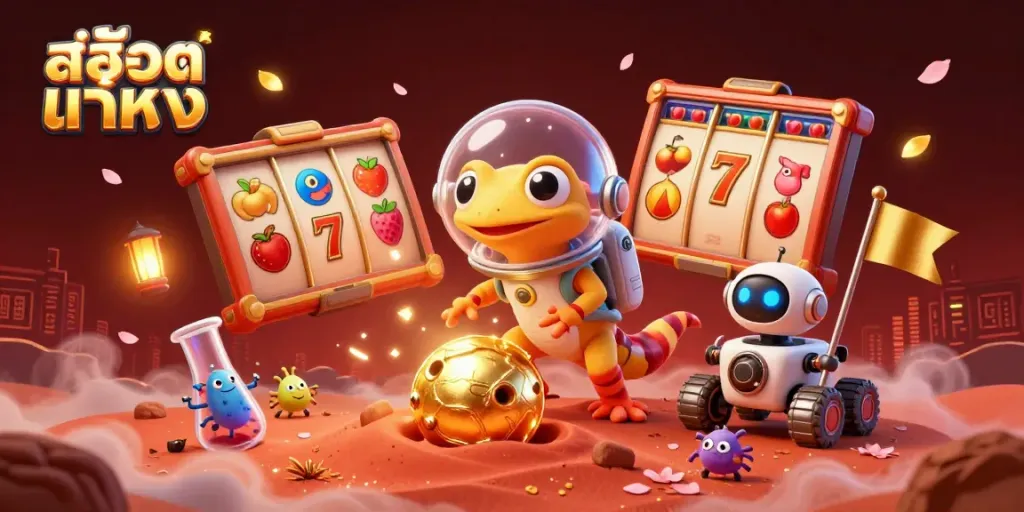 Engage with สล็อตแท้ตรง in a 3D illustration depicting a Martian gecko discovering a golden casino amidst cosmic elements.
